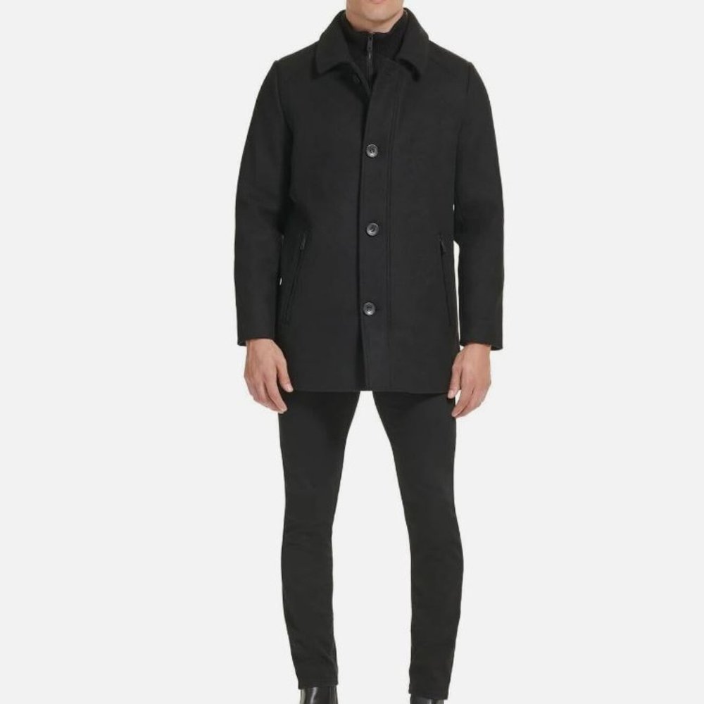 Kenneth Cole Men's Wool Single Breast Front Inner Quilted Wing Collar Coat BLK M
